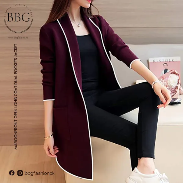 Maroon Front Open Long Coat Dual Pockets Jacket