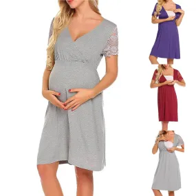 Maternity Clothes Women's Nursing Nightgown Pregnancy Dress Lace Splice Maternity Dress