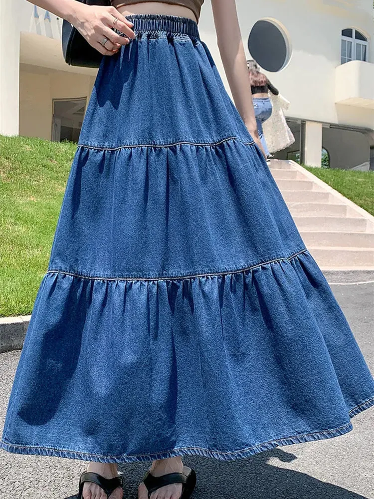 Maxi Long Skirts Women Spring Summer Elastic High Waist Jean Skirt Ladies Splicing A-Line Ruffle Pleated Denim Skirt Plus Size