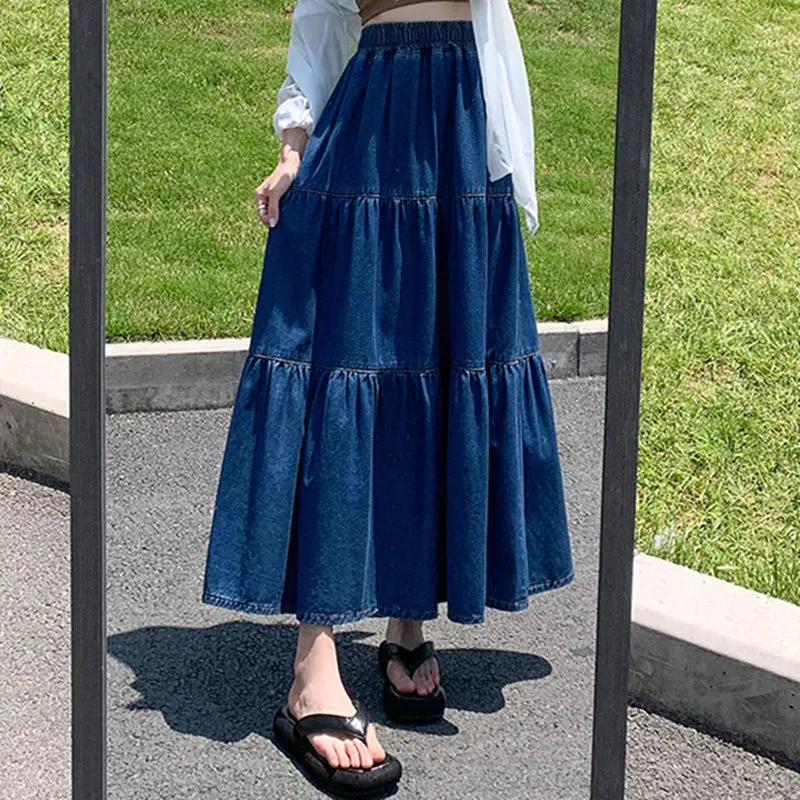 Maxi Long Skirts Women Spring Summer Elastic High Waist Jean Skirt Ladies Splicing A-Line Ruffle Pleated Denim Skirt Plus Size