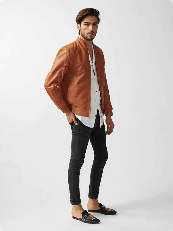 Mens Berlin Collarless Leather Jacket