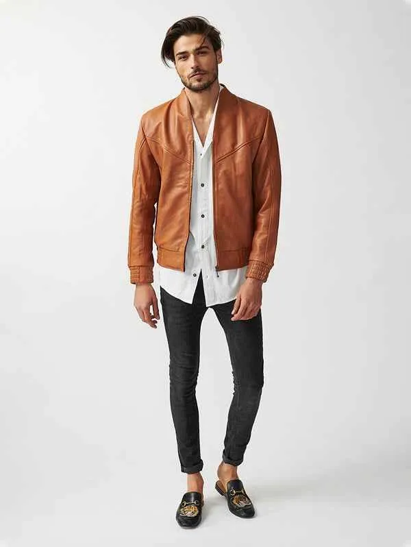 Mens Berlin Collarless Leather Jacket