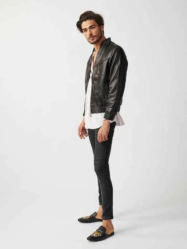 Mens Berlin Collarless Leather Jacket