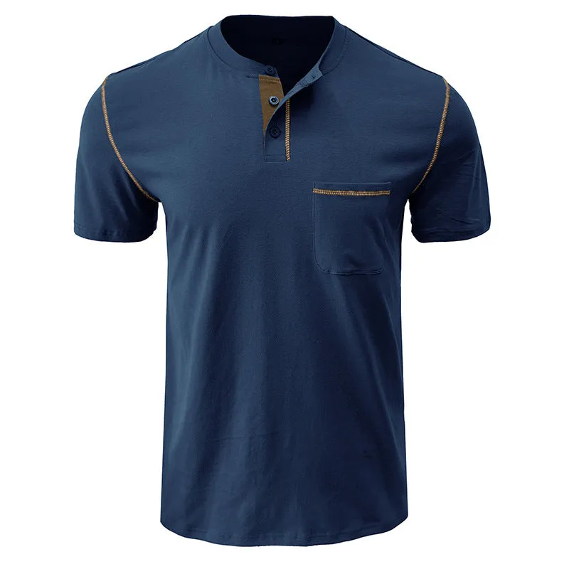 Men's Short-sleeved Men's T-shirt Color Matching Henley Shirt