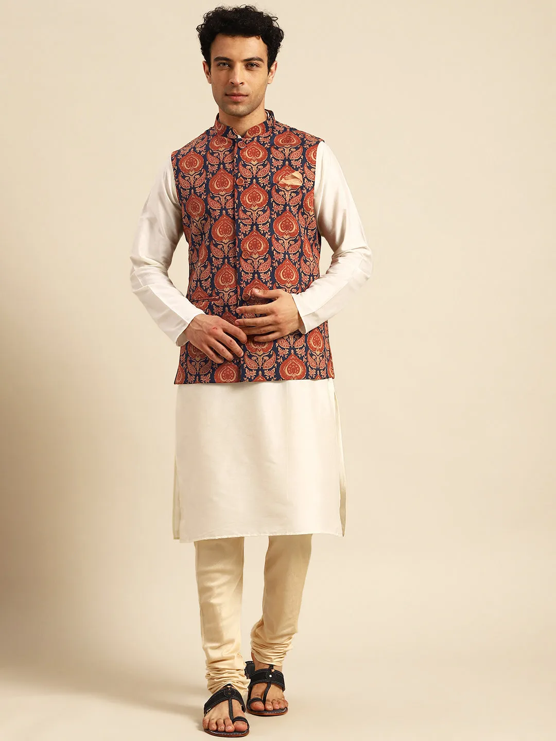 Men's Tan Kurta Jacket Churidar Set