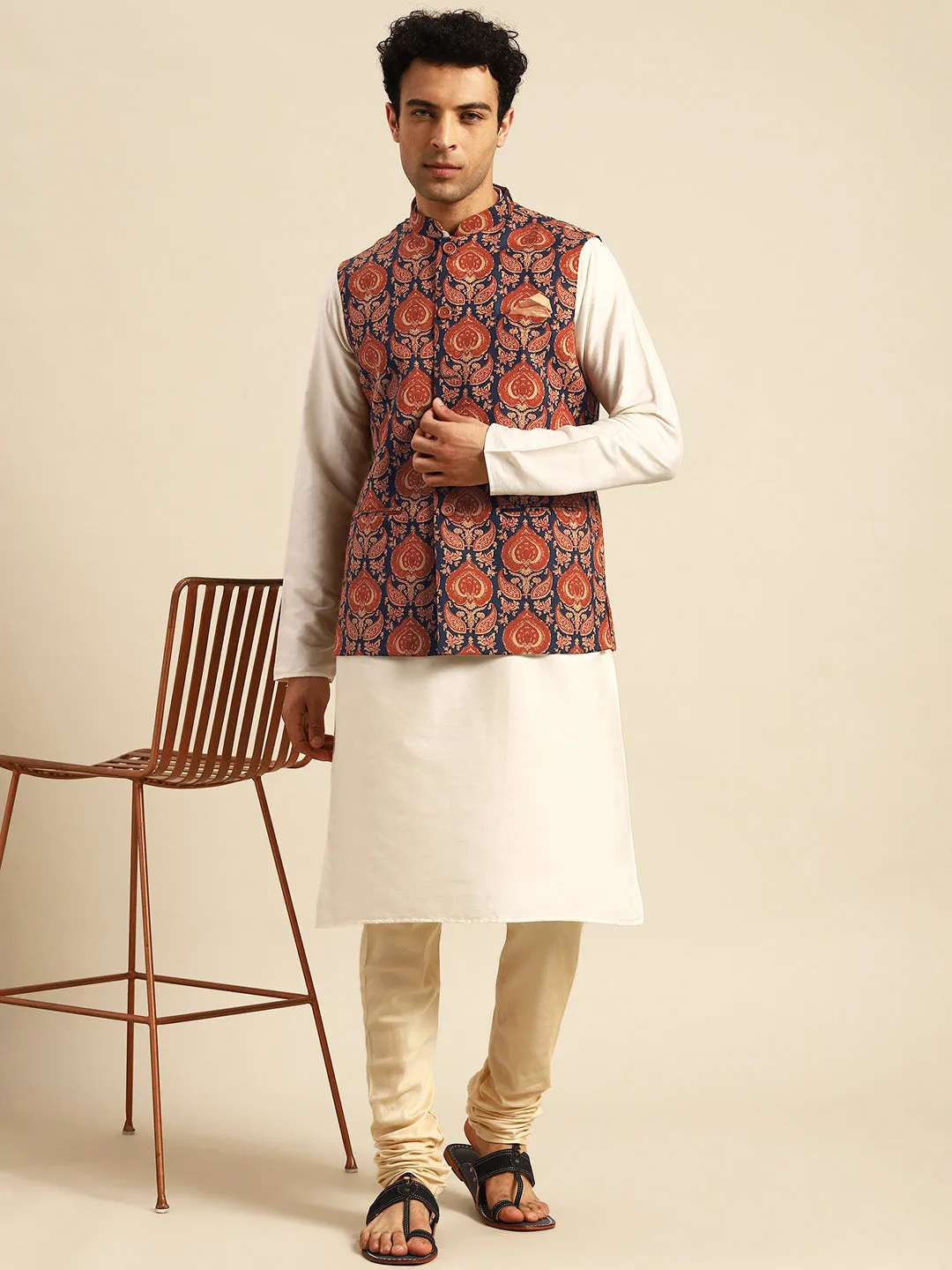 Men's Tan Kurta Jacket Churidar Set