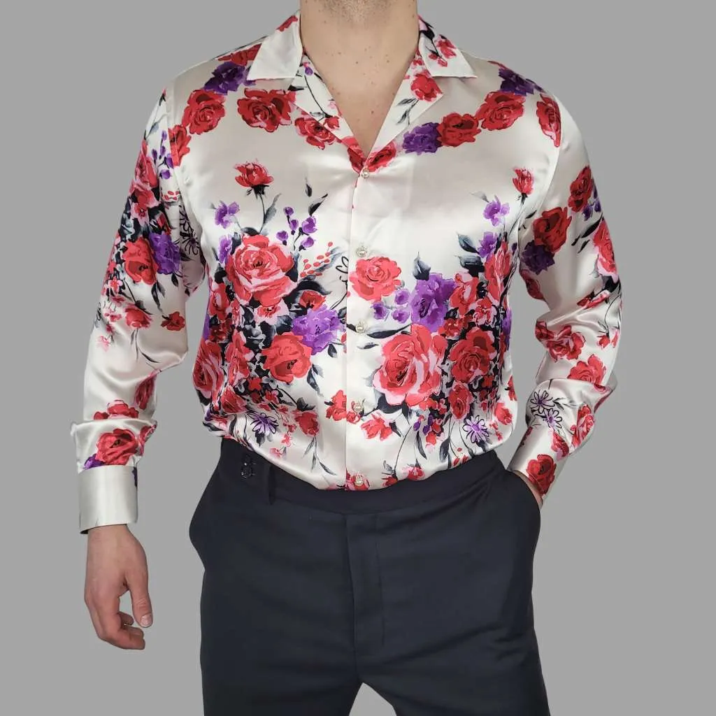 Mens White Floral Silk Shirt