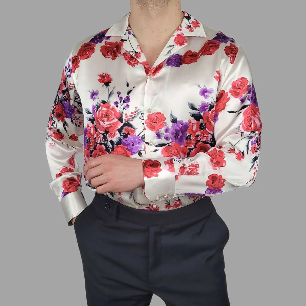 Mens White Floral Silk Shirt