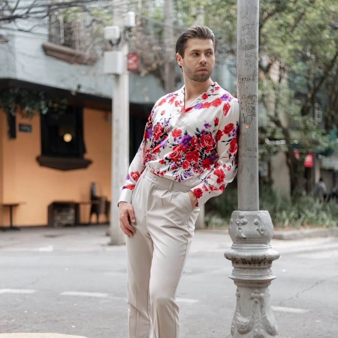 Mens White Floral Silk Shirt