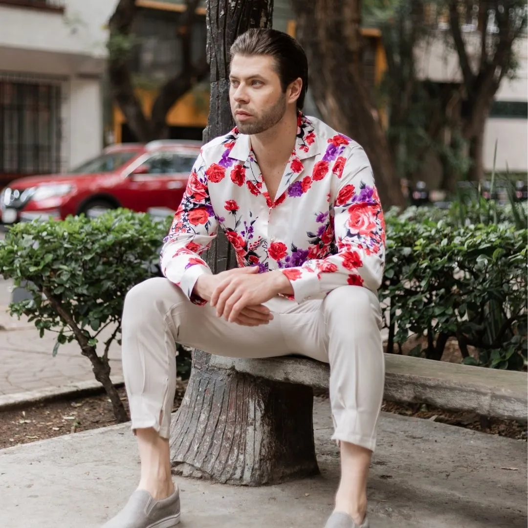 Mens White Floral Silk Shirt