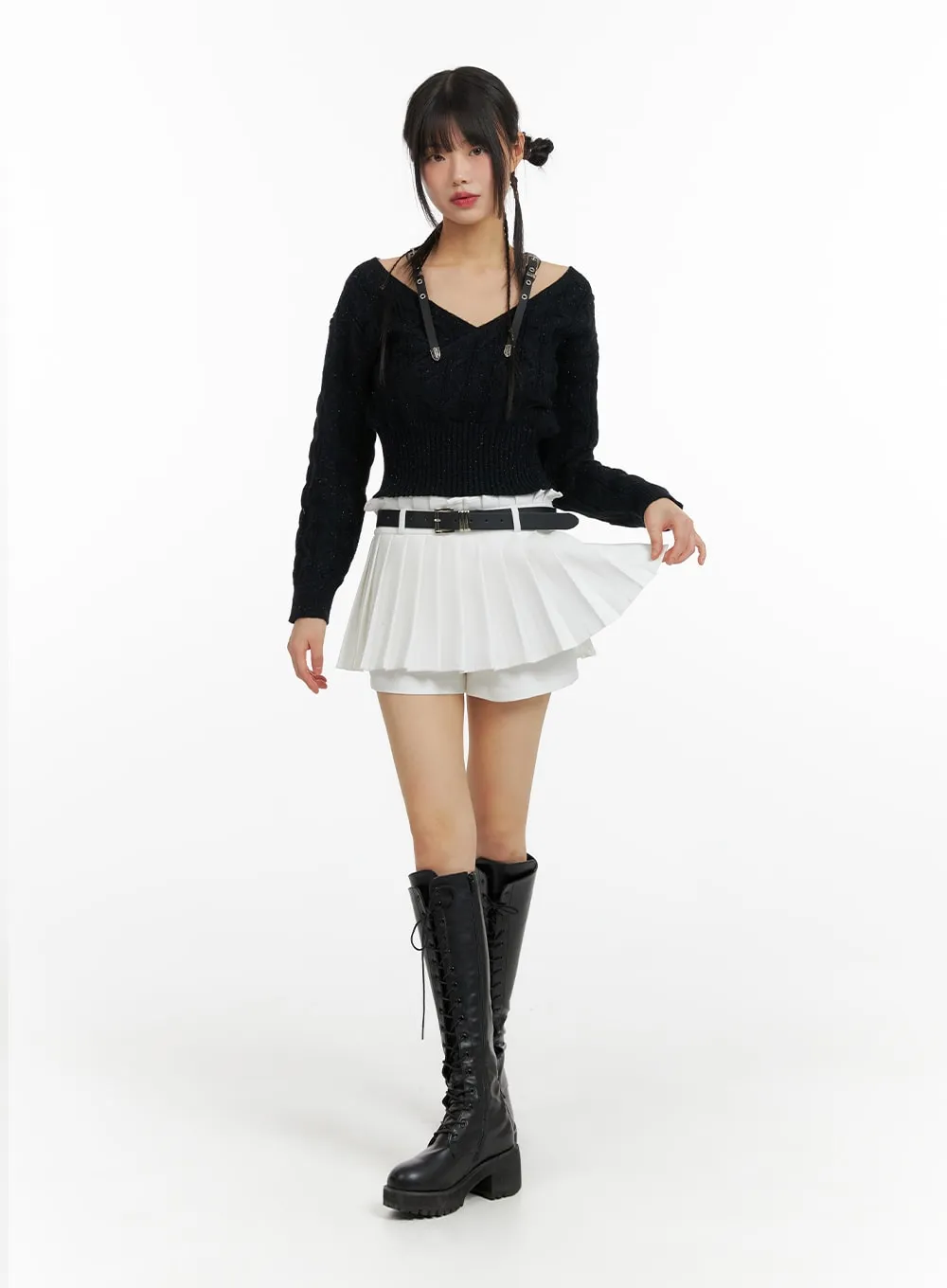 Mid Waist Pleated Mini Skirt with Belt CF420