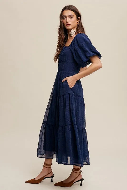 Midnight Flower Embroidered Puff Sleeve Tiered Maxi Dress