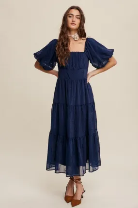 Midnight Flower Embroidered Puff Sleeve Tiered Maxi Dress