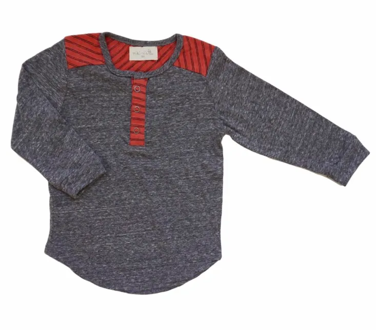 Miki Miette - Long Sleeve Henley in Heather Grey and Red