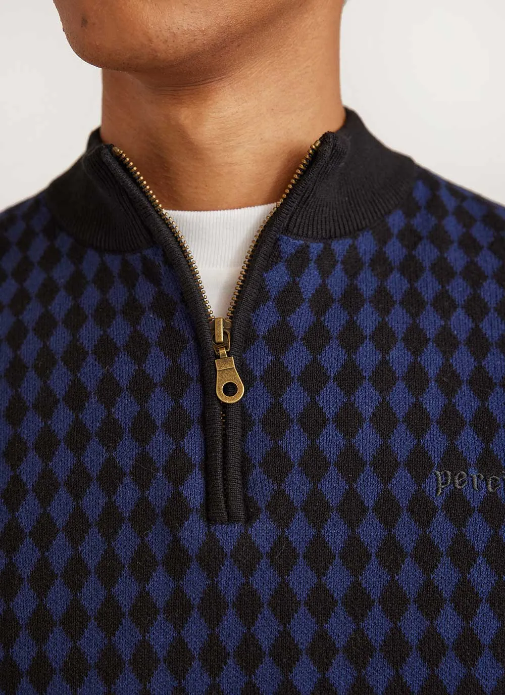 Mini Harlequin Zip Pullover | Knitted Cotton | Navy