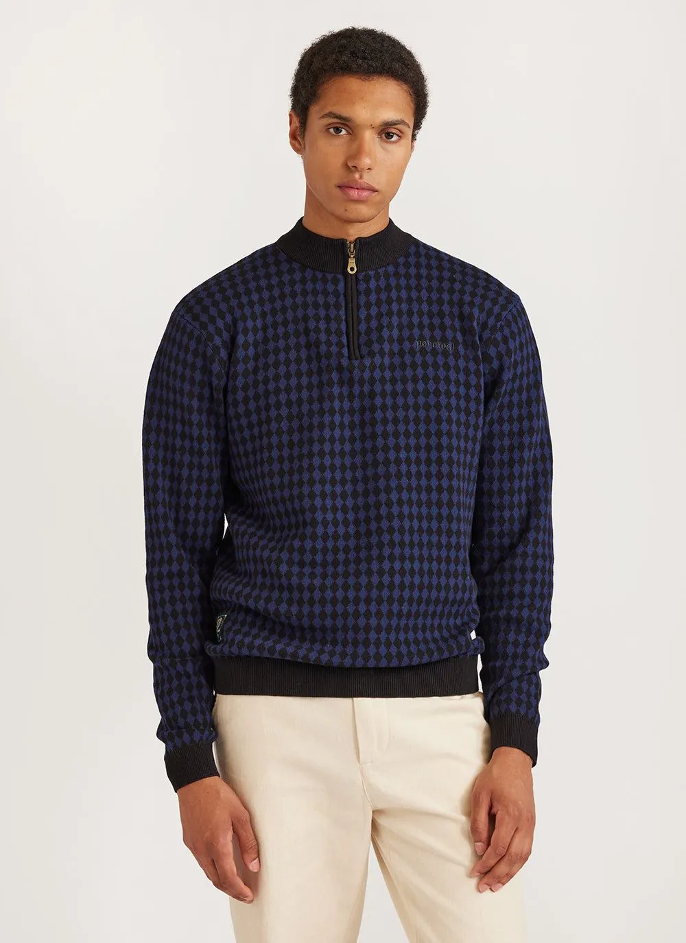 Mini Harlequin Zip Pullover | Knitted Cotton | Navy