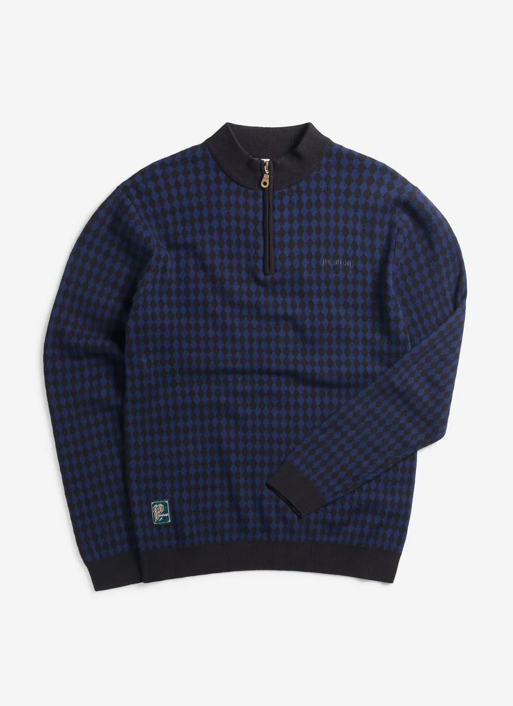 Mini Harlequin Zip Pullover | Knitted Cotton | Navy