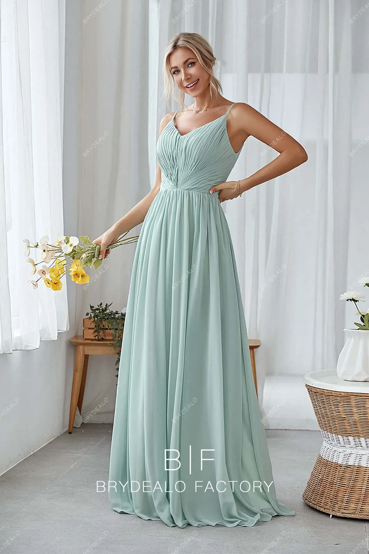 Mint Green Pleated Chiffon V-neck Floor Length Modest Dress