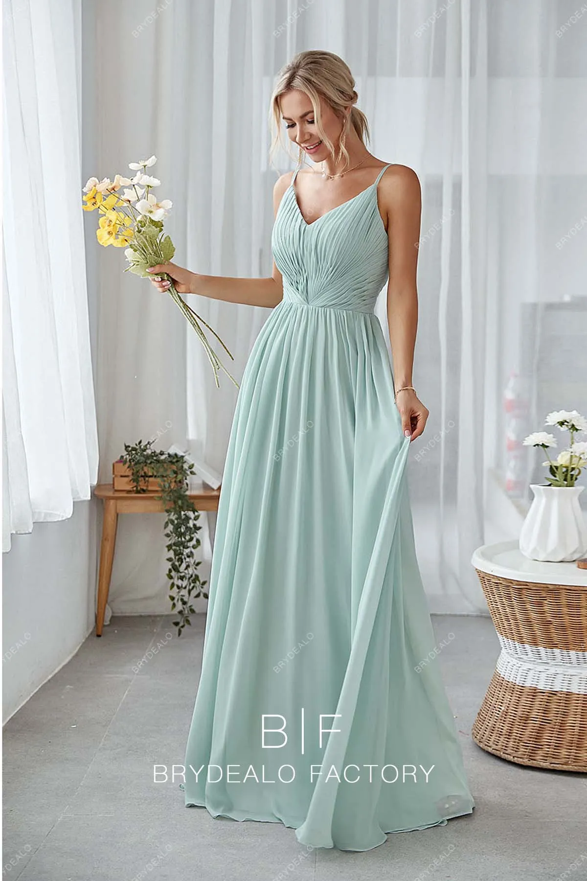 Mint Green Pleated Chiffon V-neck Floor Length Modest Dress