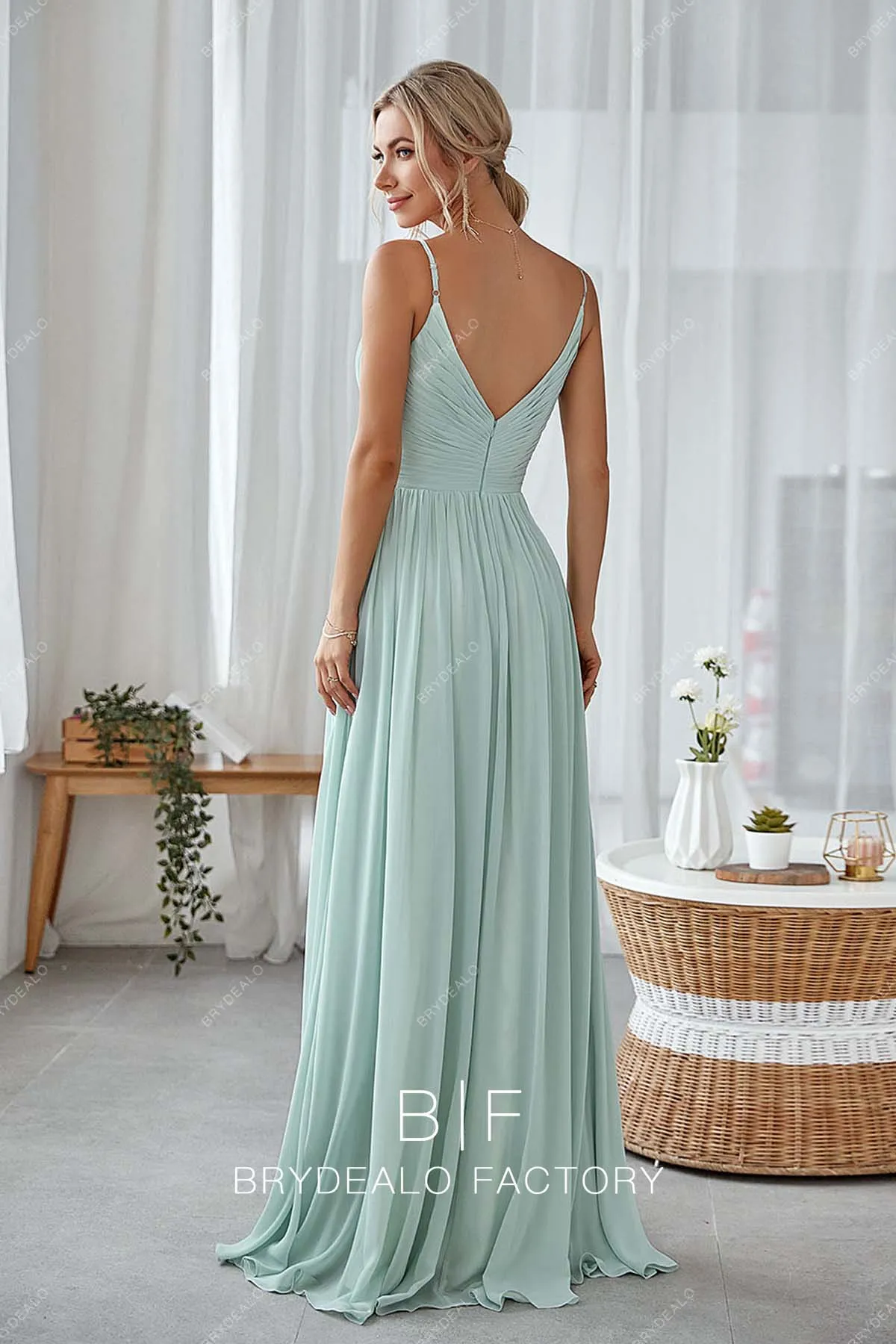 Mint Green Pleated Chiffon V-neck Floor Length Modest Dress