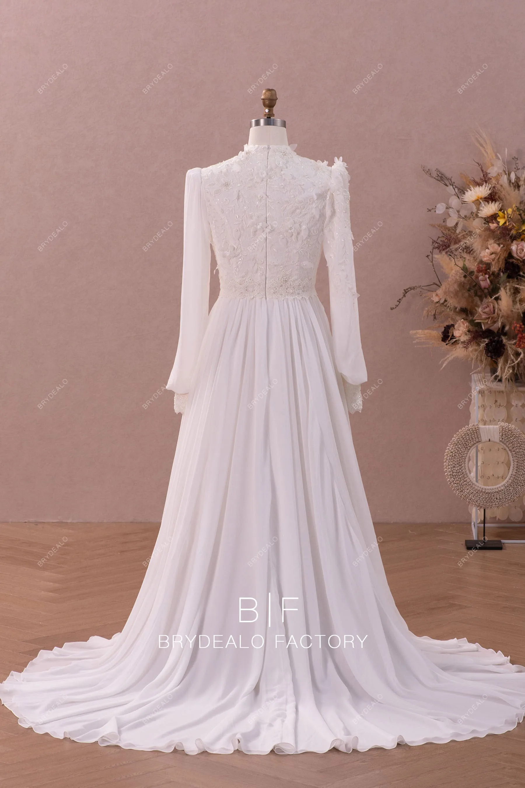 Modest Long Sleeve Flower Lace Chiffon Muslim American Wedding Dress