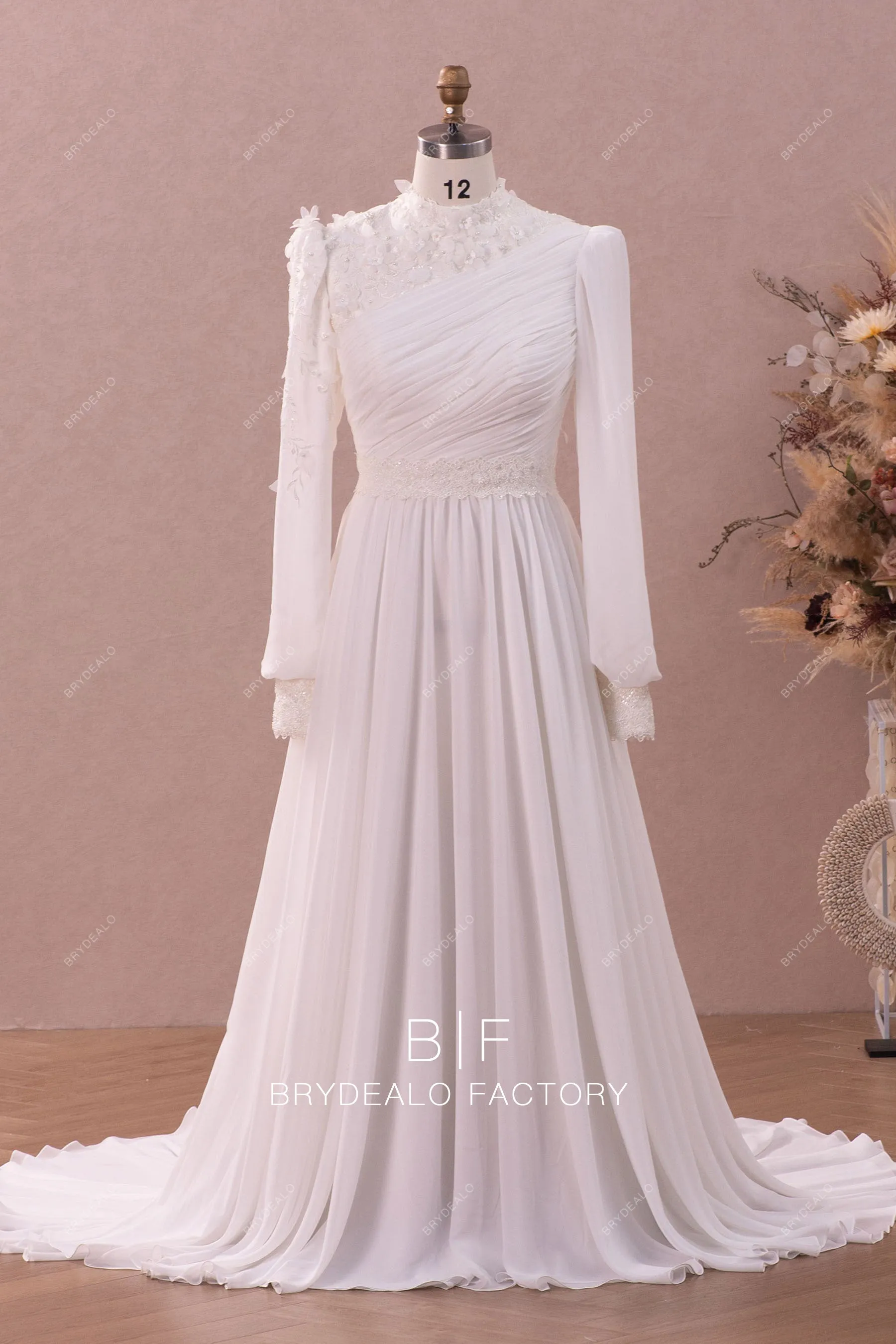 Modest Long Sleeve Flower Lace Chiffon Muslim American Wedding Dress