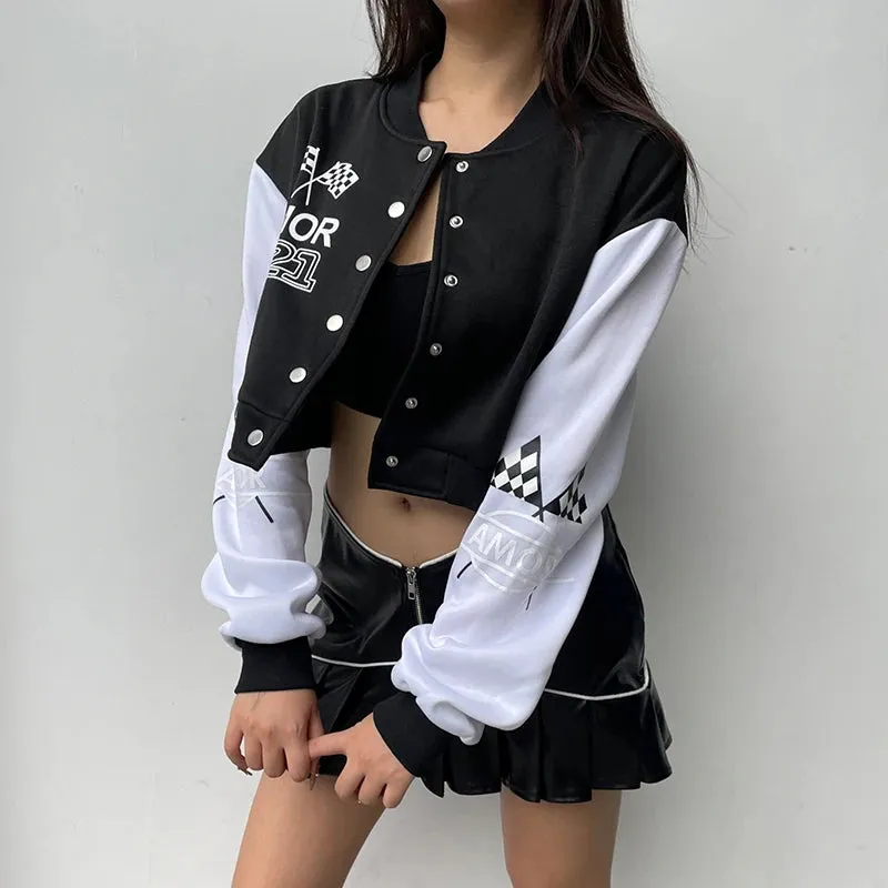 Moto Print Baseball Jacket Fleece Autumn Winter Coat Cropped Buttons Korean Varsity Jacket Women Outwear Contrast