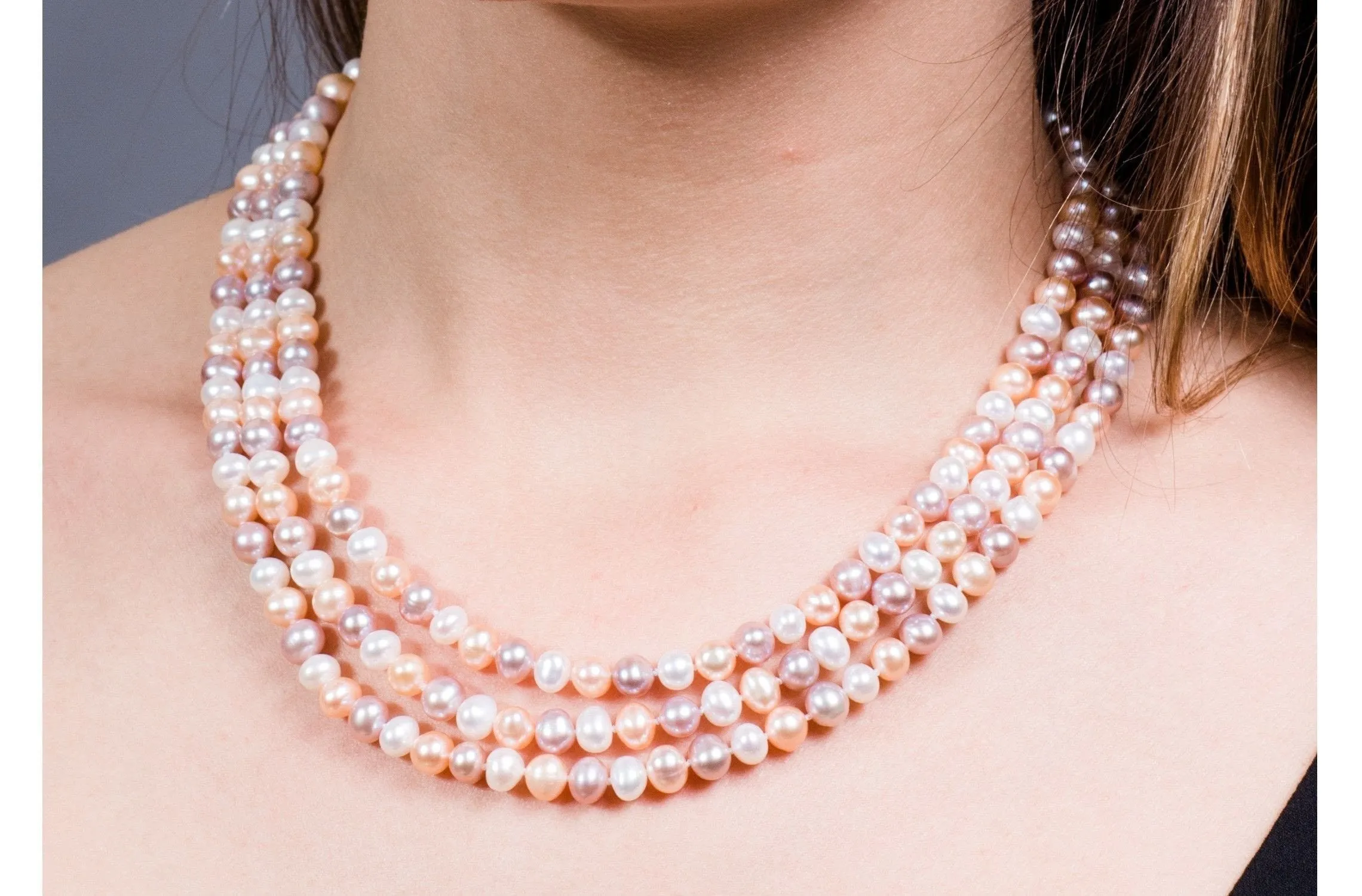 Multi-Color Triple Strand Layer Freshwater Pearl Necklace 6-7mm