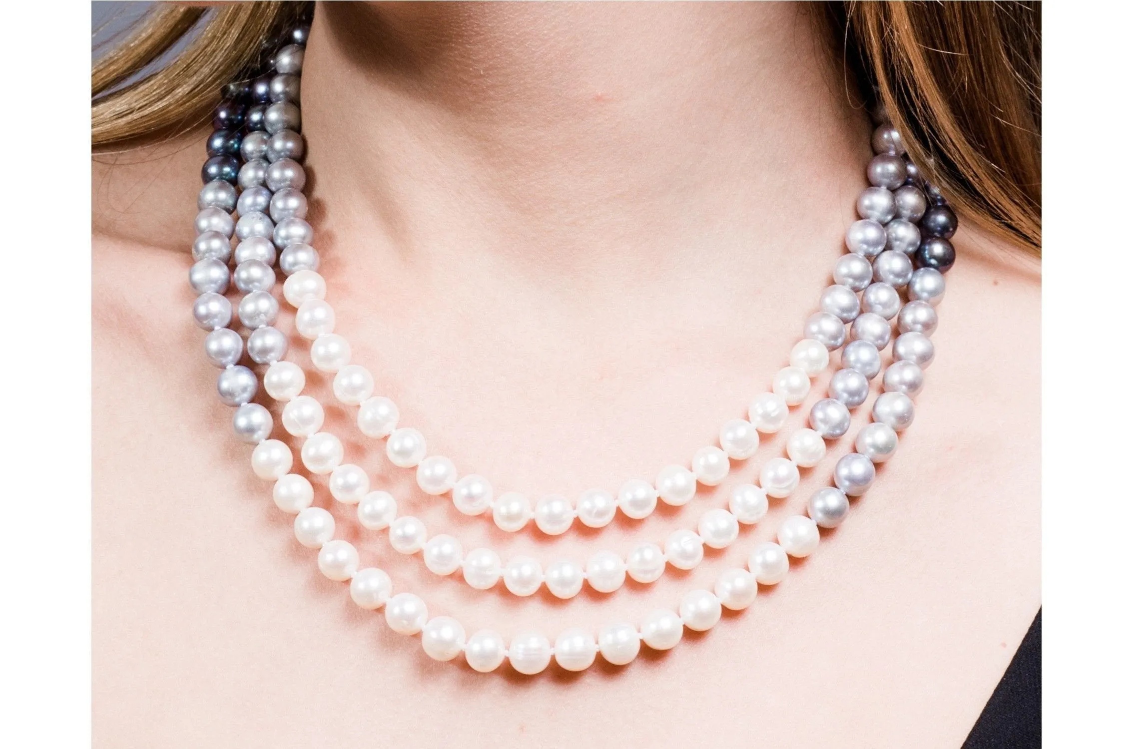 Multi-Color Triple Strand Layer Freshwater Pearl Necklace 8-9mm