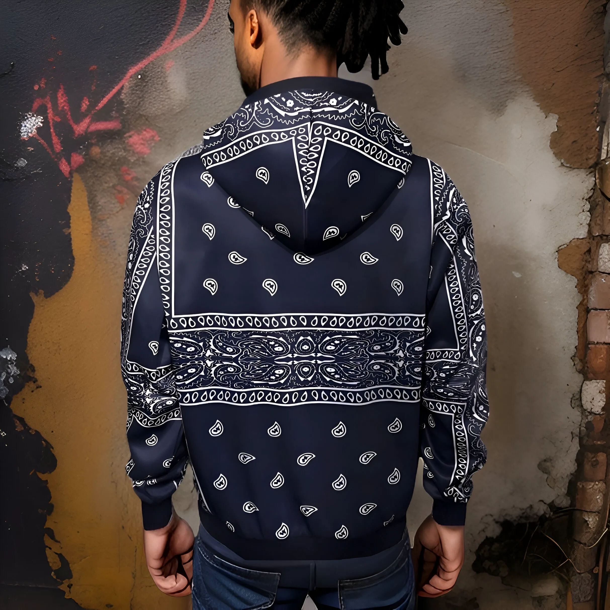 ^NAVY BANDANA^ PULLOVER HOODIES ~BLUE PAISLEY~ (FLEECY SOFT LINED)