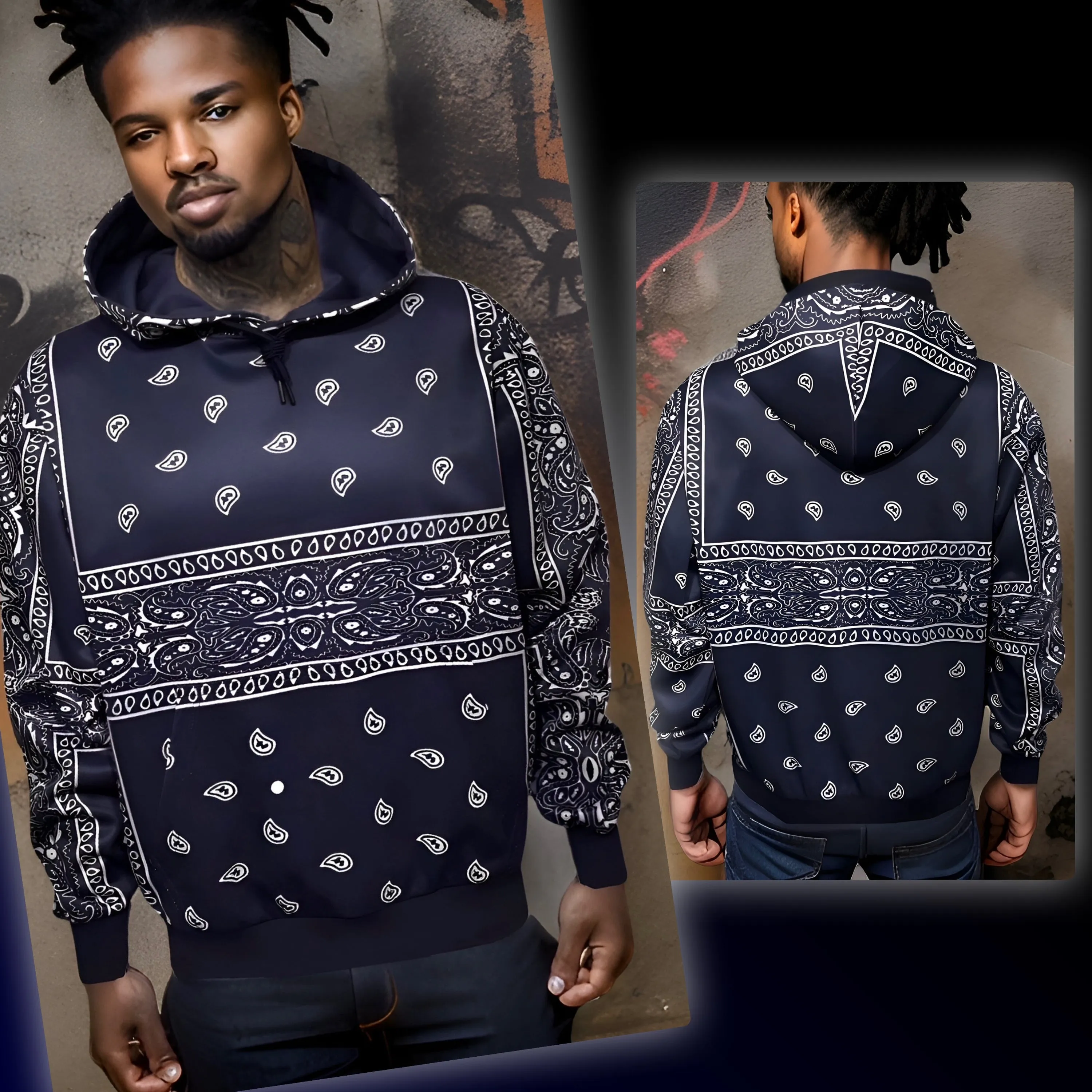 ^NAVY BANDANA^ PULLOVER HOODIES ~BLUE PAISLEY~ (FLEECY SOFT LINED)