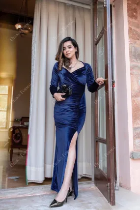 Navy Velvet Long Sleeves V-neck Pleated Slit Crafted Prom Dress