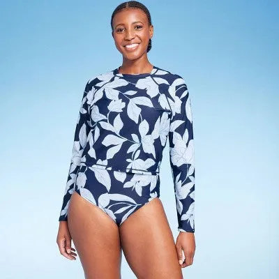 New - Women's Floral Print Cropped Rash Guard - Kona Sol Multi Blue S