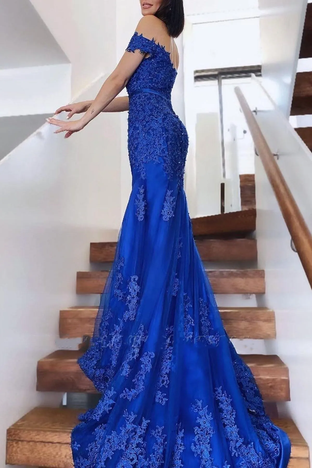 Off Shoulder Mermaid Blue Lace Long Prom Dresses, Blue Lace Formal Dresses, Mermaid Blue Evening Dresses