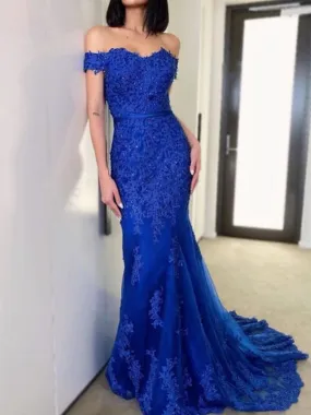 Off Shoulder Mermaid Blue Lace Long Prom Dresses, Blue Lace Formal Dresses, Mermaid Blue Evening Dresses