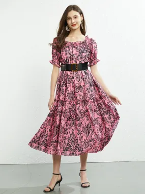 Off Shoulder or Square Collar Floral Printed Swing Boho Dress with Belt