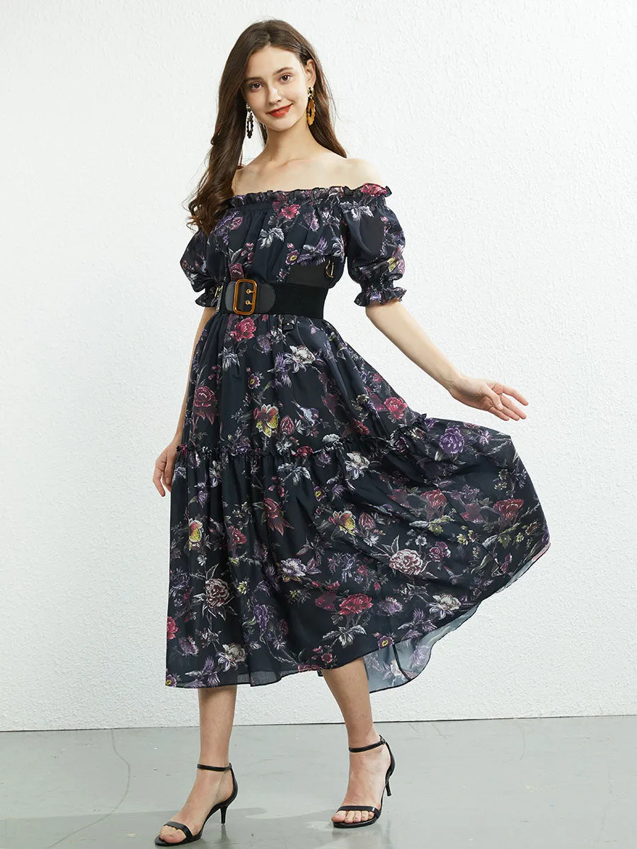 Off Shoulder or Square Collar Floral Printed Swing Boho Dress with Belt