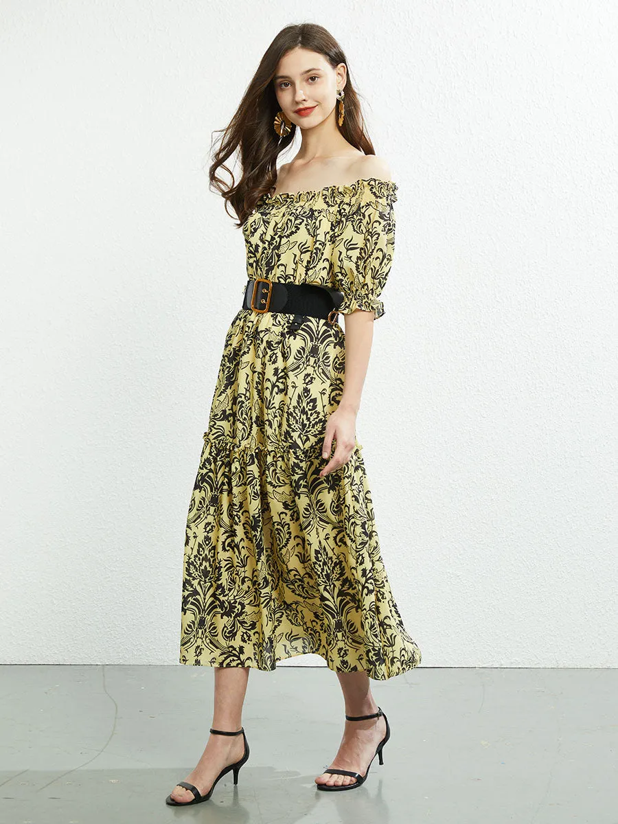 Off Shoulder or Square Collar Floral Printed Swing Boho Dress with Belt