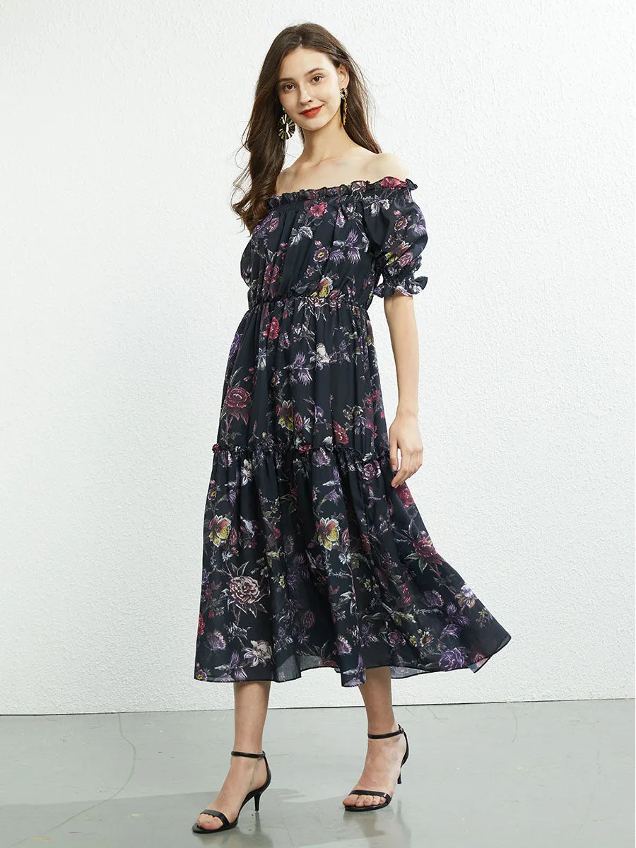 Off Shoulder or Square Collar Floral Printed Swing Boho Dress with Belt