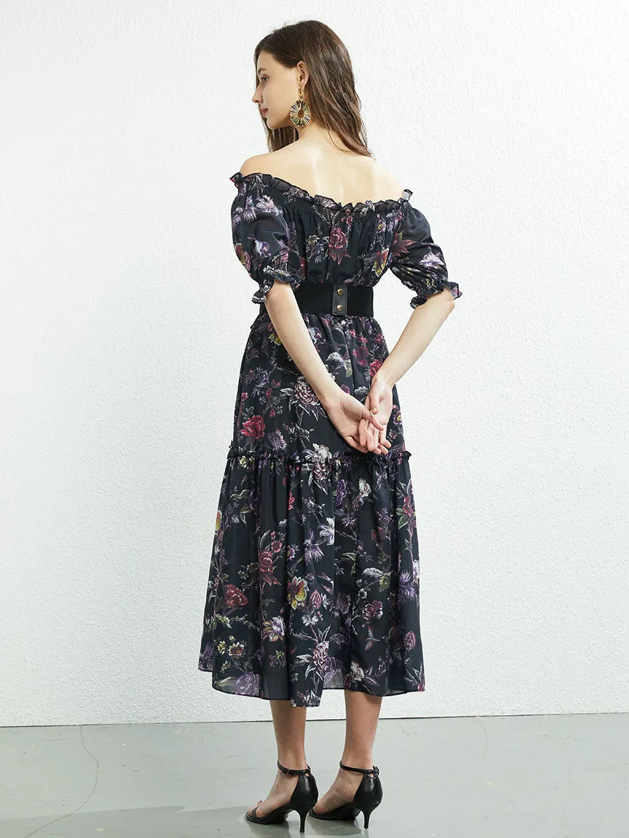 Off Shoulder or Square Collar Floral Printed Swing Boho Dress with Belt