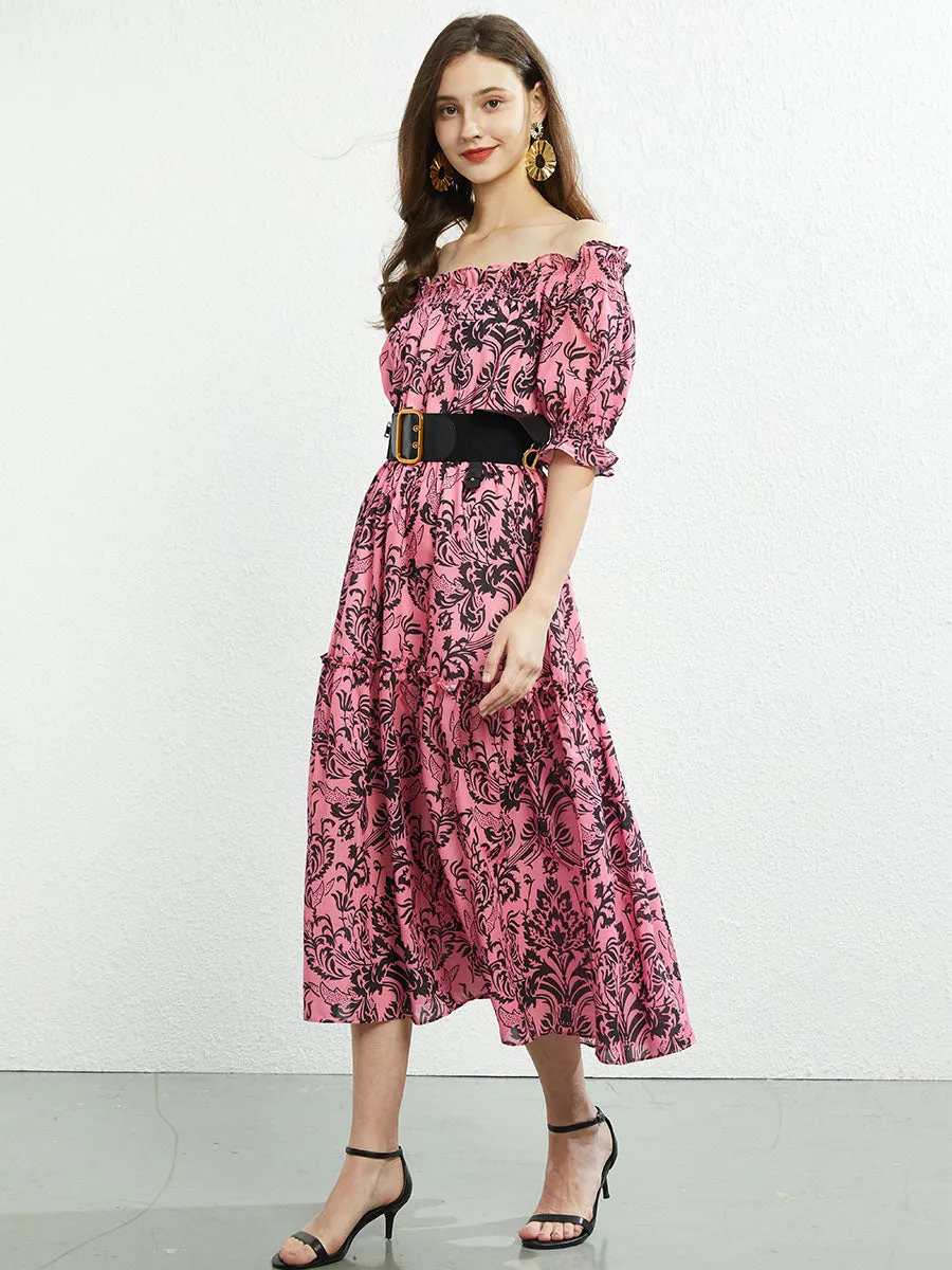 Off Shoulder or Square Collar Floral Printed Swing Boho Dress with Belt