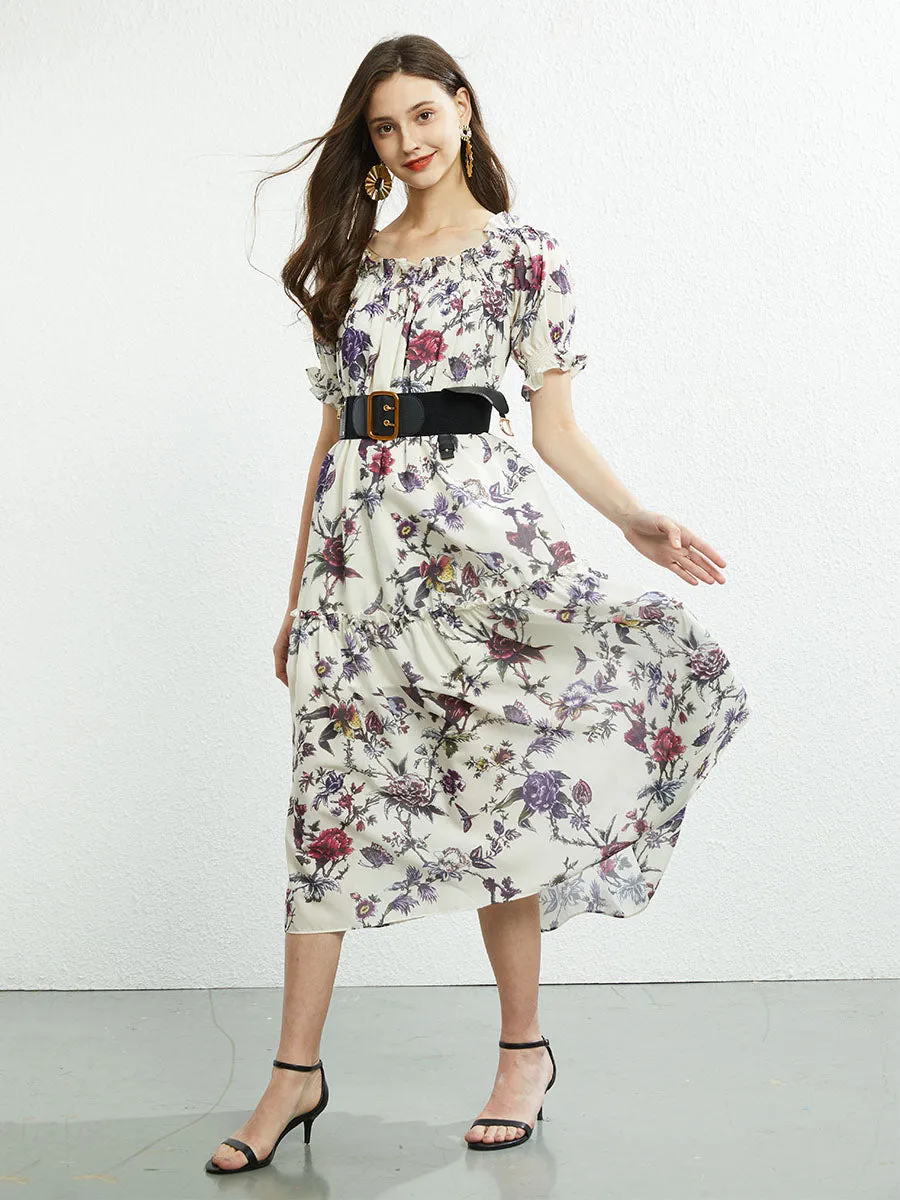 Off Shoulder or Square Collar Floral Printed Swing Boho Dress with Belt