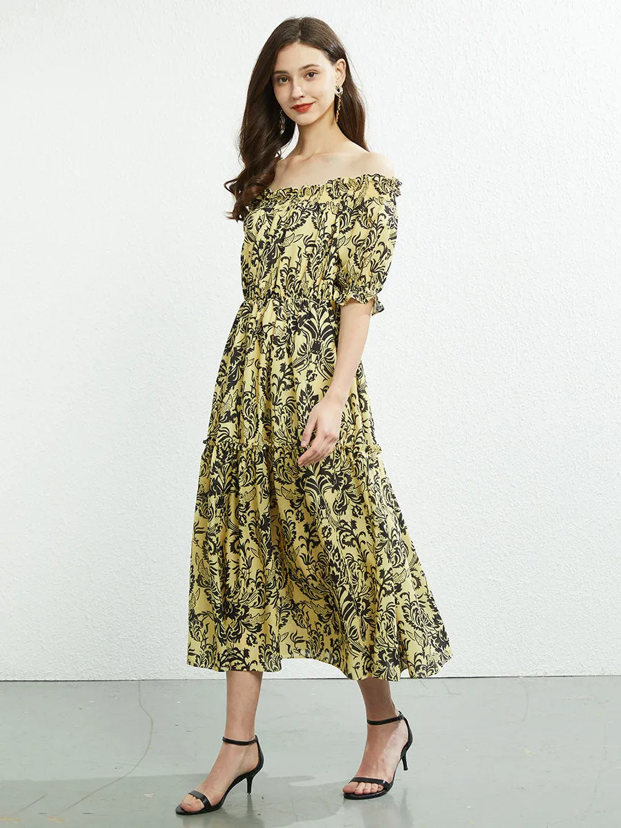 Off Shoulder or Square Collar Floral Printed Swing Boho Dress with Belt