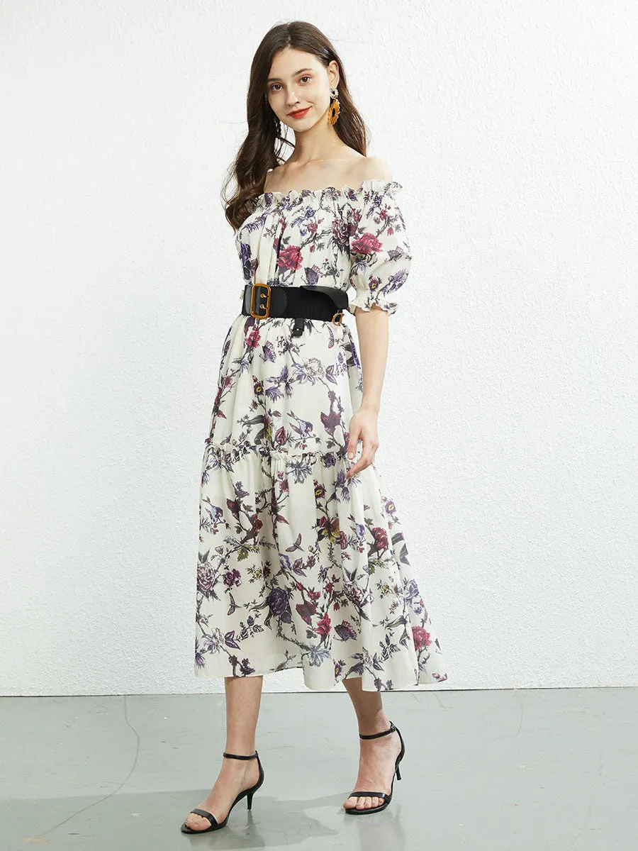 Off Shoulder or Square Collar Floral Printed Swing Boho Dress with Belt