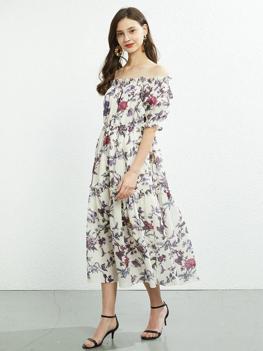 Off Shoulder or Square Collar Floral Printed Swing Boho Dress with Belt