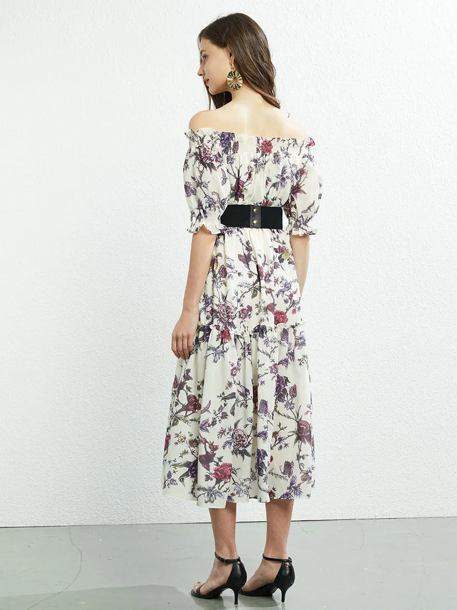 Off Shoulder or Square Collar Floral Printed Swing Boho Dress with Belt