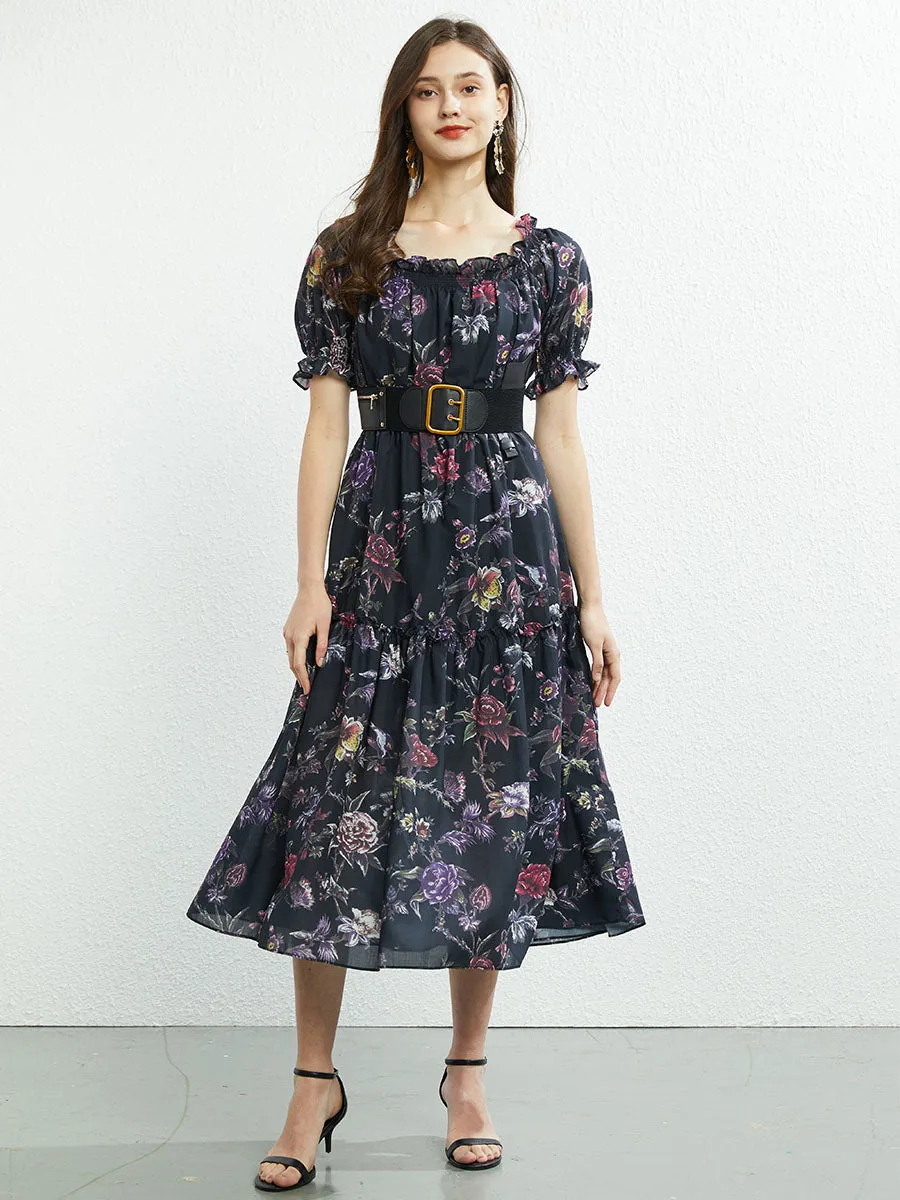 Off Shoulder or Square Collar Floral Printed Swing Boho Dress with Belt