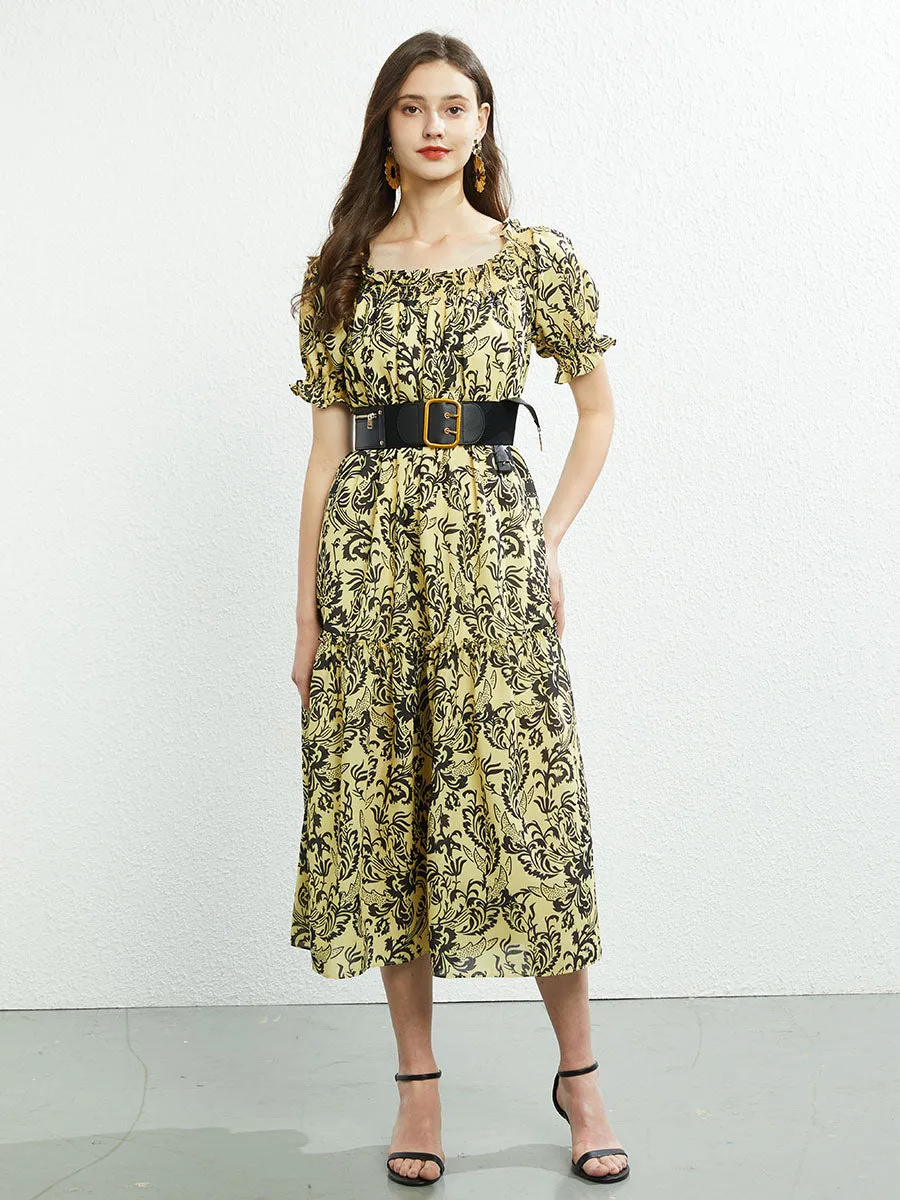 Off Shoulder or Square Collar Floral Printed Swing Boho Dress with Belt