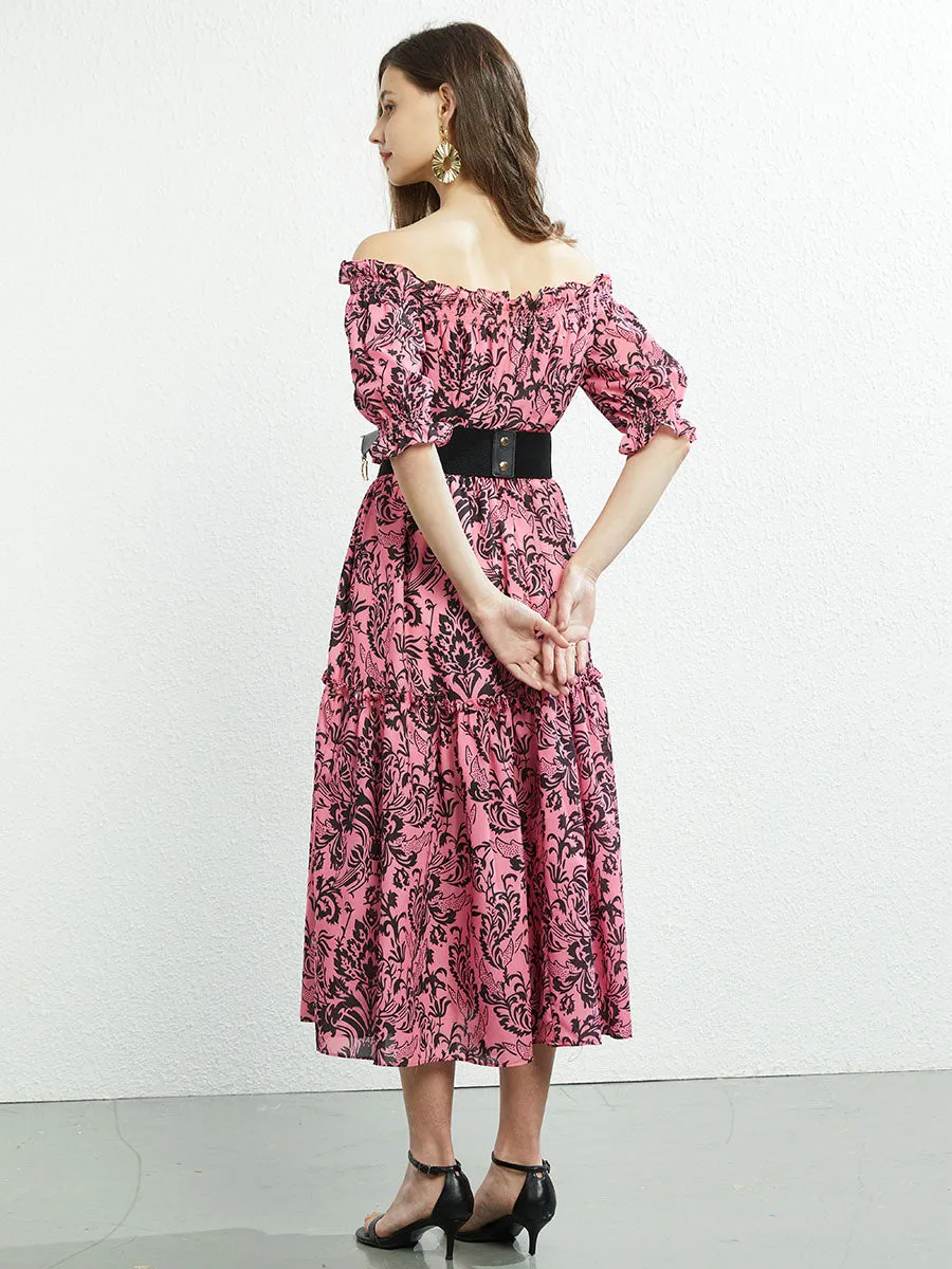 Off Shoulder or Square Collar Floral Printed Swing Boho Dress with Belt