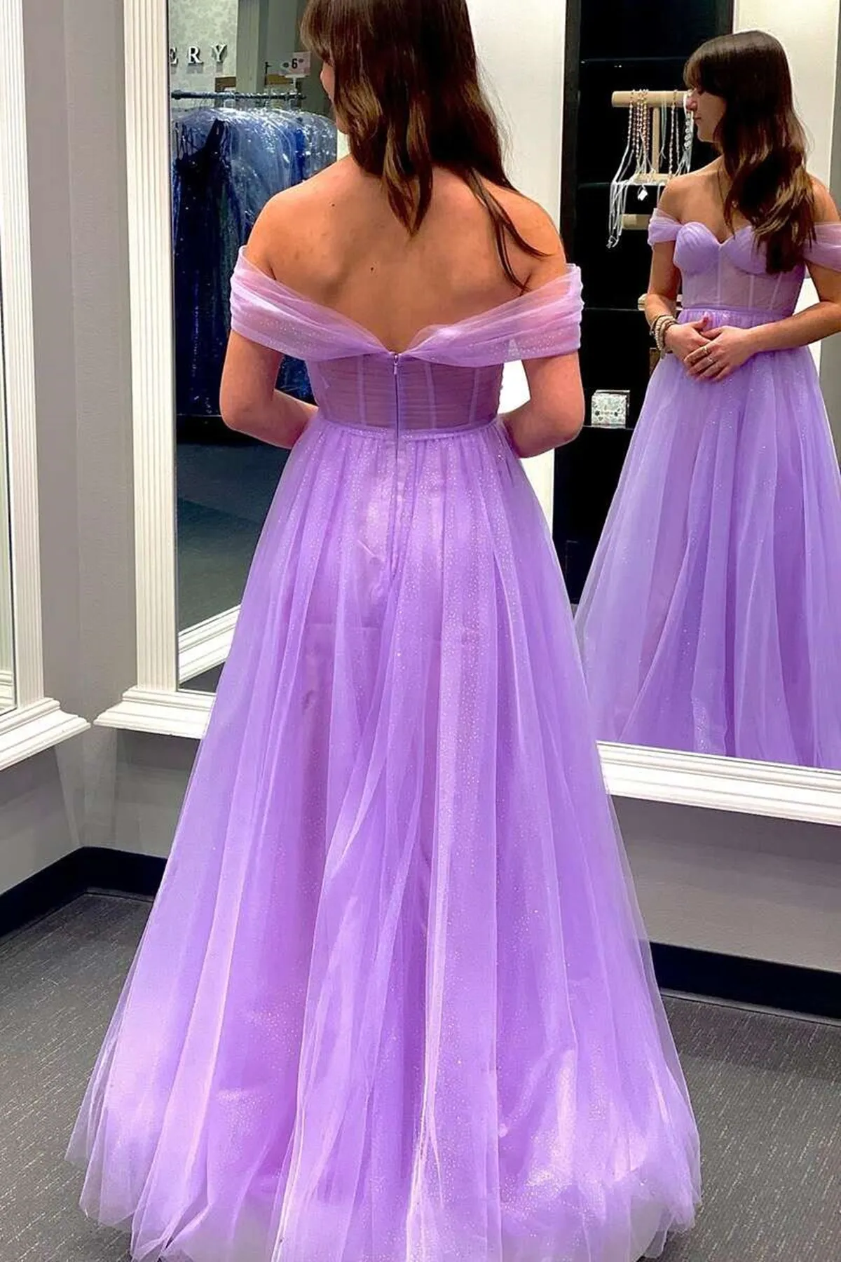 Off Shoulder Purple/Yellow Tulle Long Prom Dress, Purple/Yellow Formal Graduation Evening Dress A1556